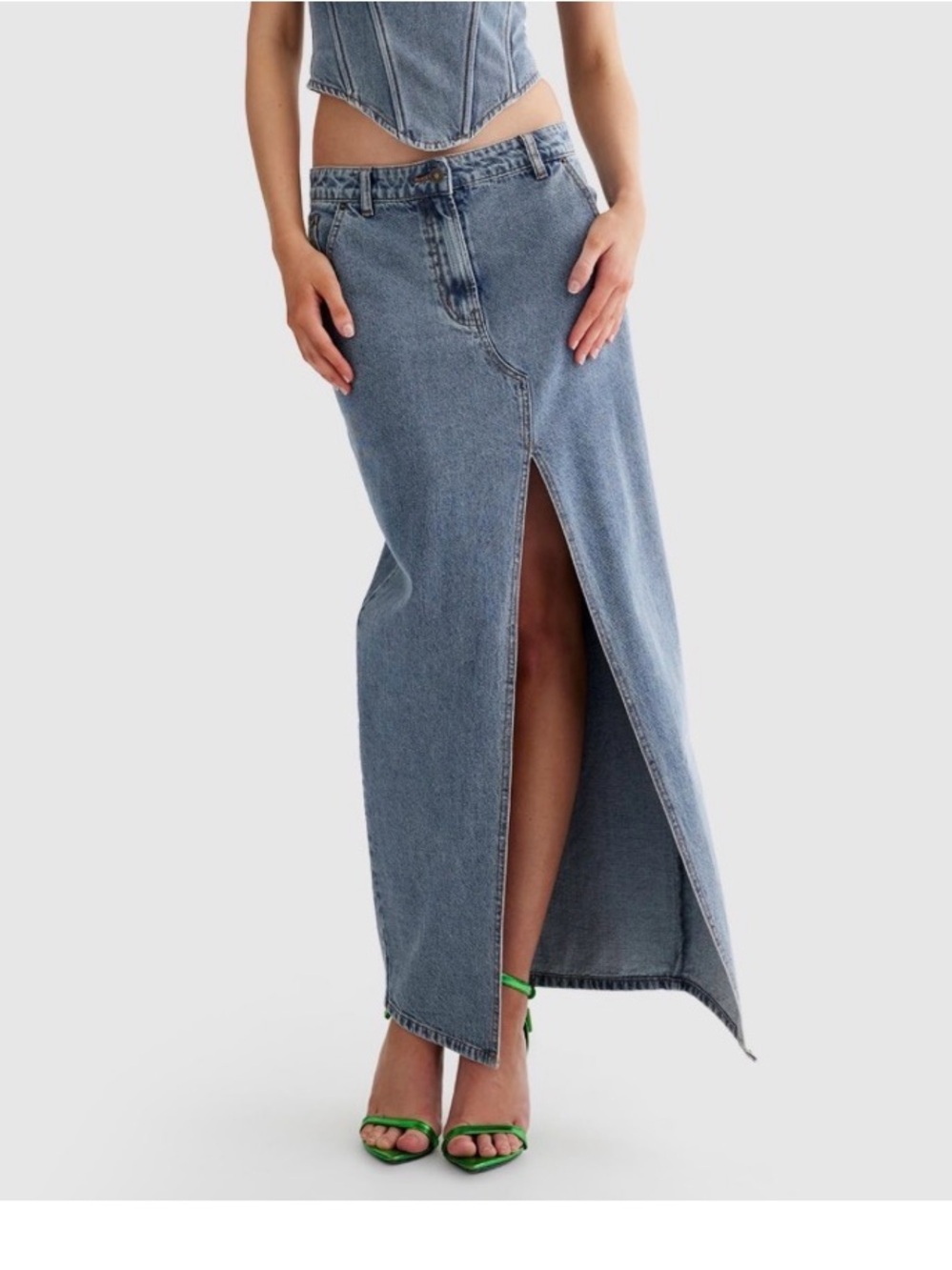 Lioness Barbie Split Maxi Asymmetrical Slit Blue Denim Skirt